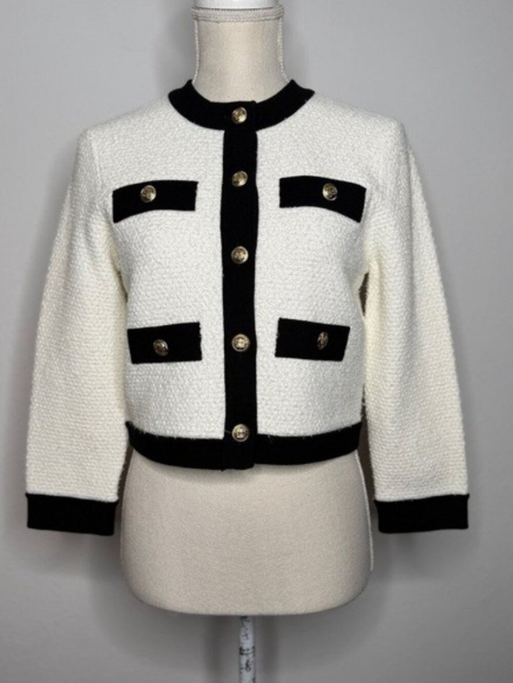 Alice + Olivia Claira Knit Cardigan Jacket Gold Buttons White Black NWT Size S